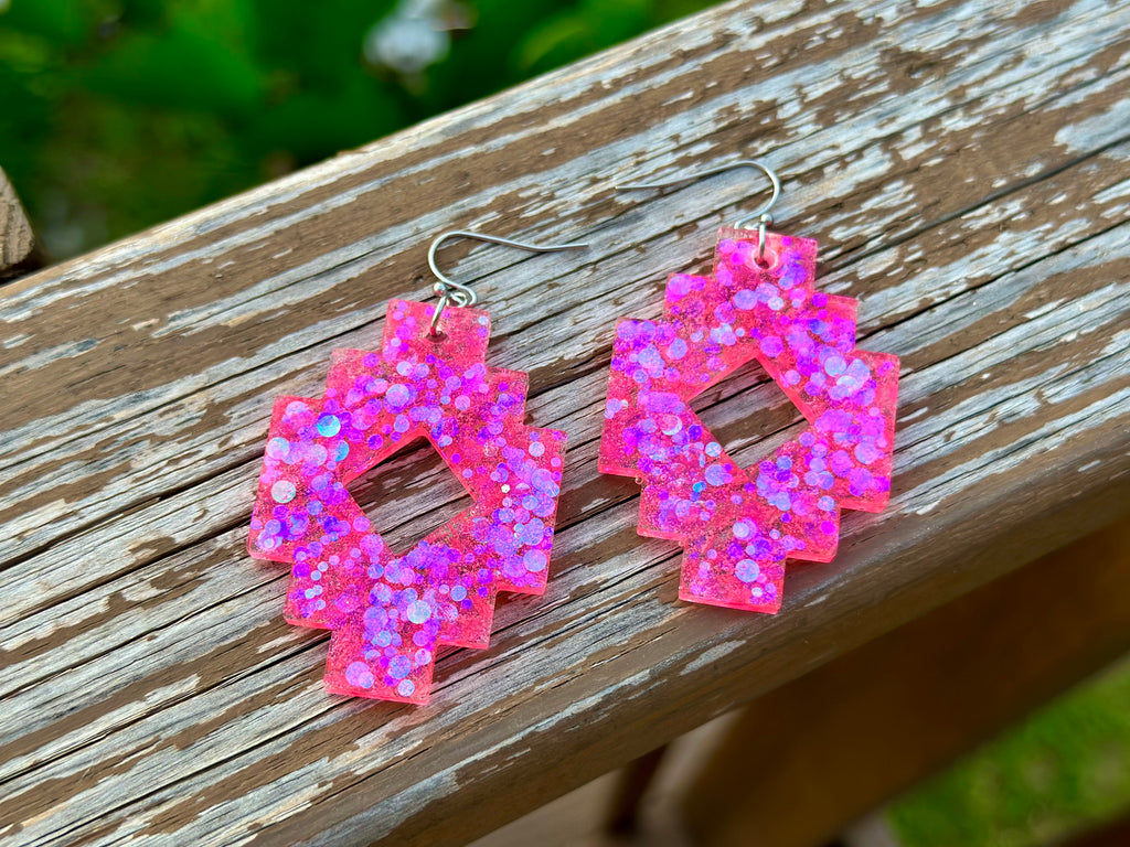 Pink Glitter Aztec Earrings