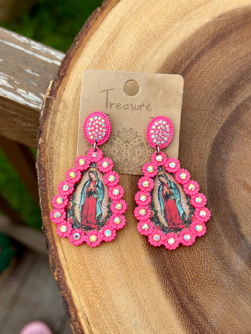 Pink La Virgen de Guadalupe Earrings
