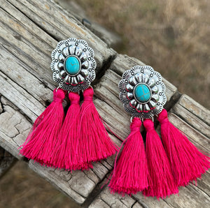 Pink Tassel Concho Earrings