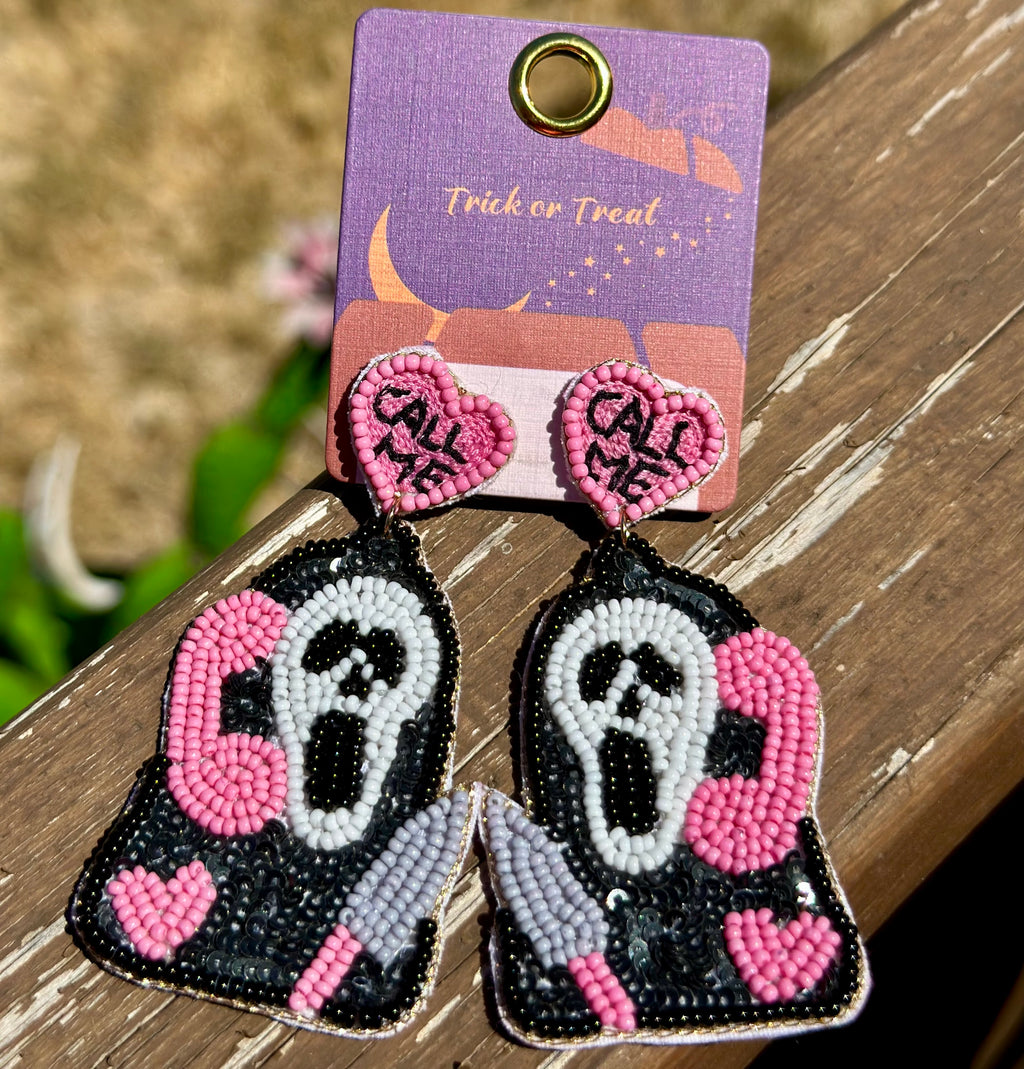 Ghost Face Pink Phone Beaded Earrings