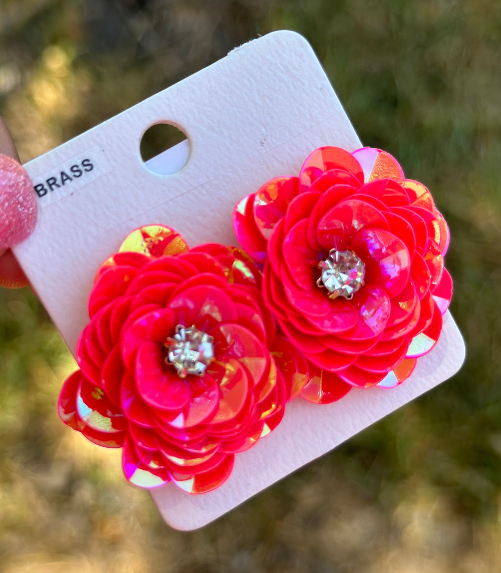 Pink Metallic Flower Stud Earrings