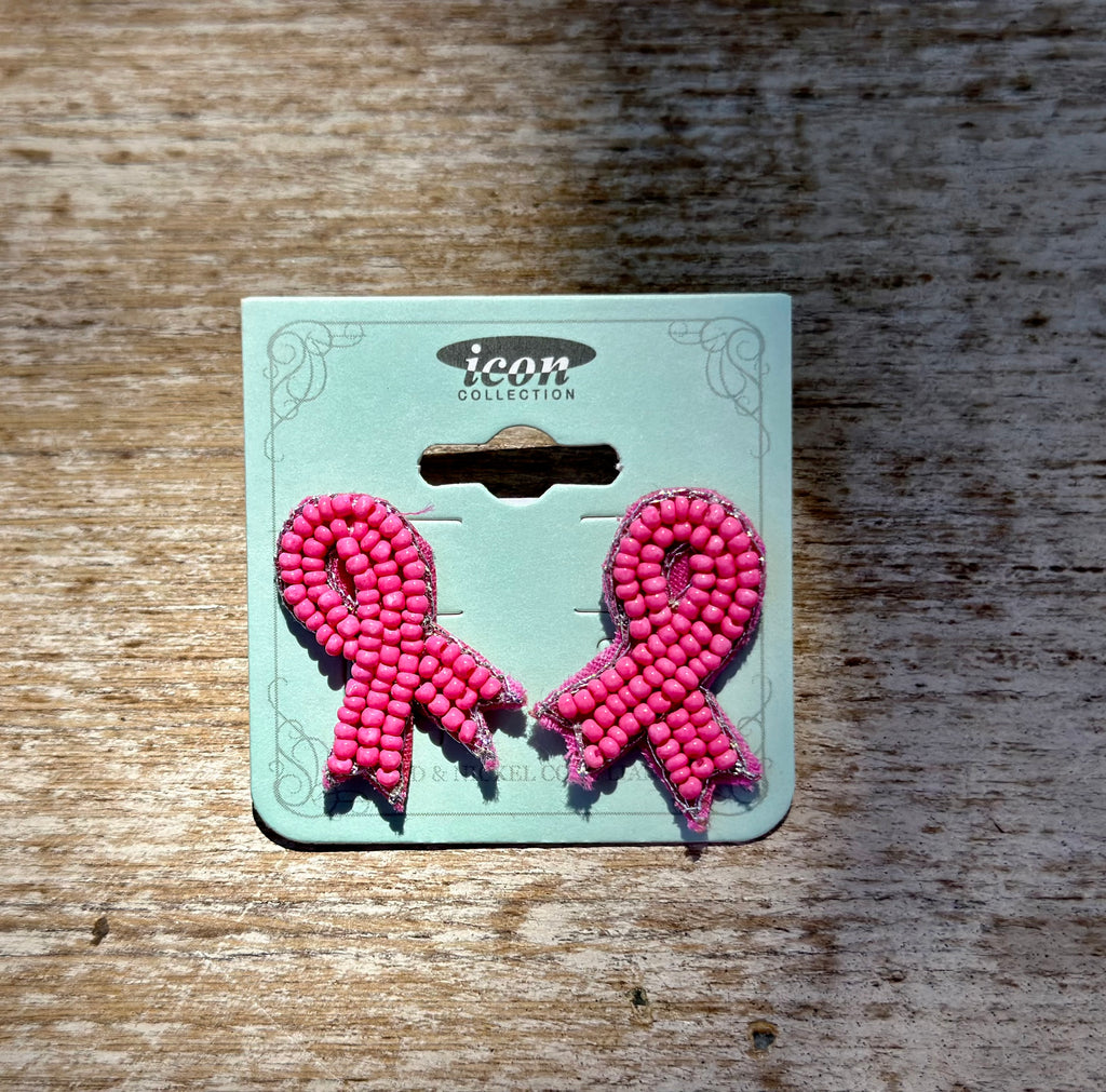 Pink Ribbon Beaded Stud Earrings