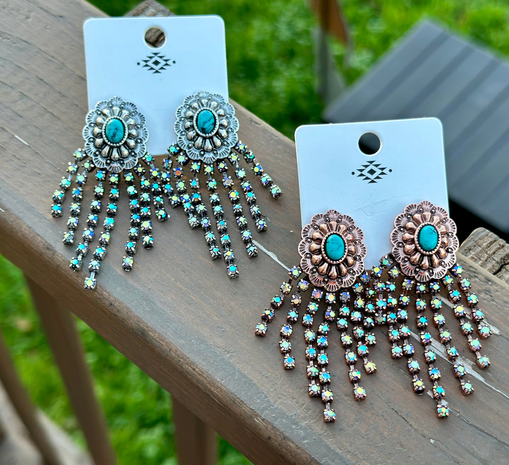 Concho & Rhinestone Tassel Earrings