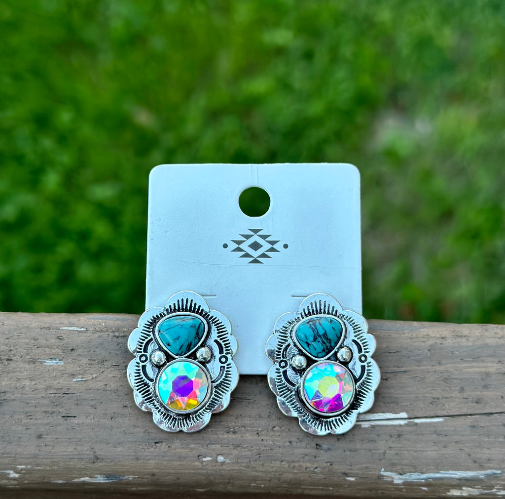 Turquoise & Rhinestone Concho Stud Earrings