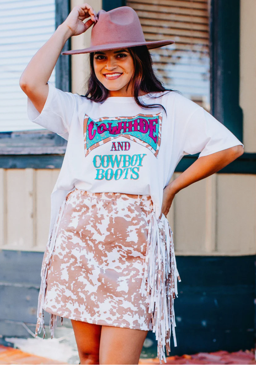 Western Cow Print Fringe Skirt L